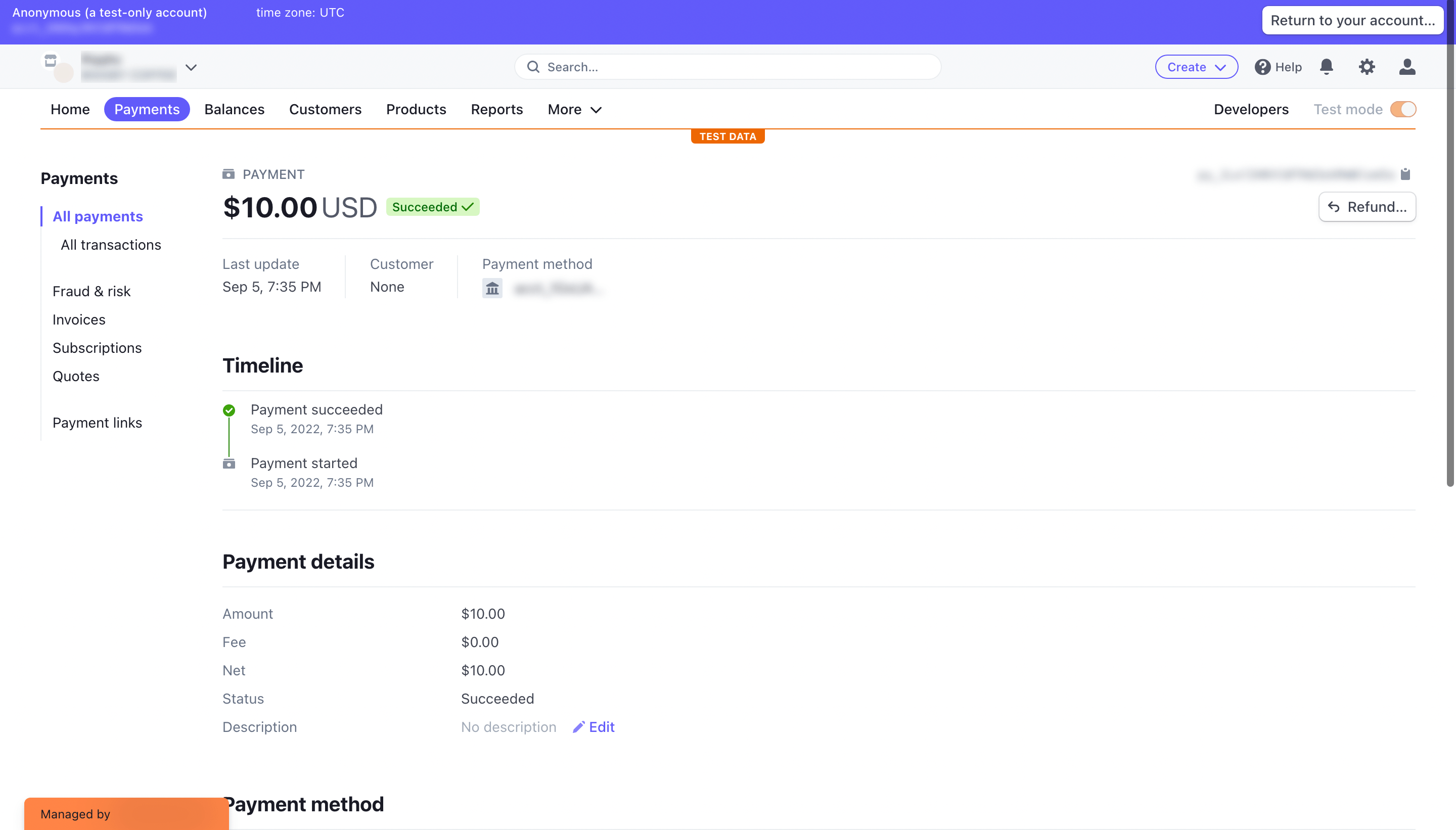 Connected Account's Dashboard with the payment